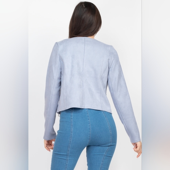 Cropped Moto Suede Jacket - Dust Blue - Picture 7 of 8